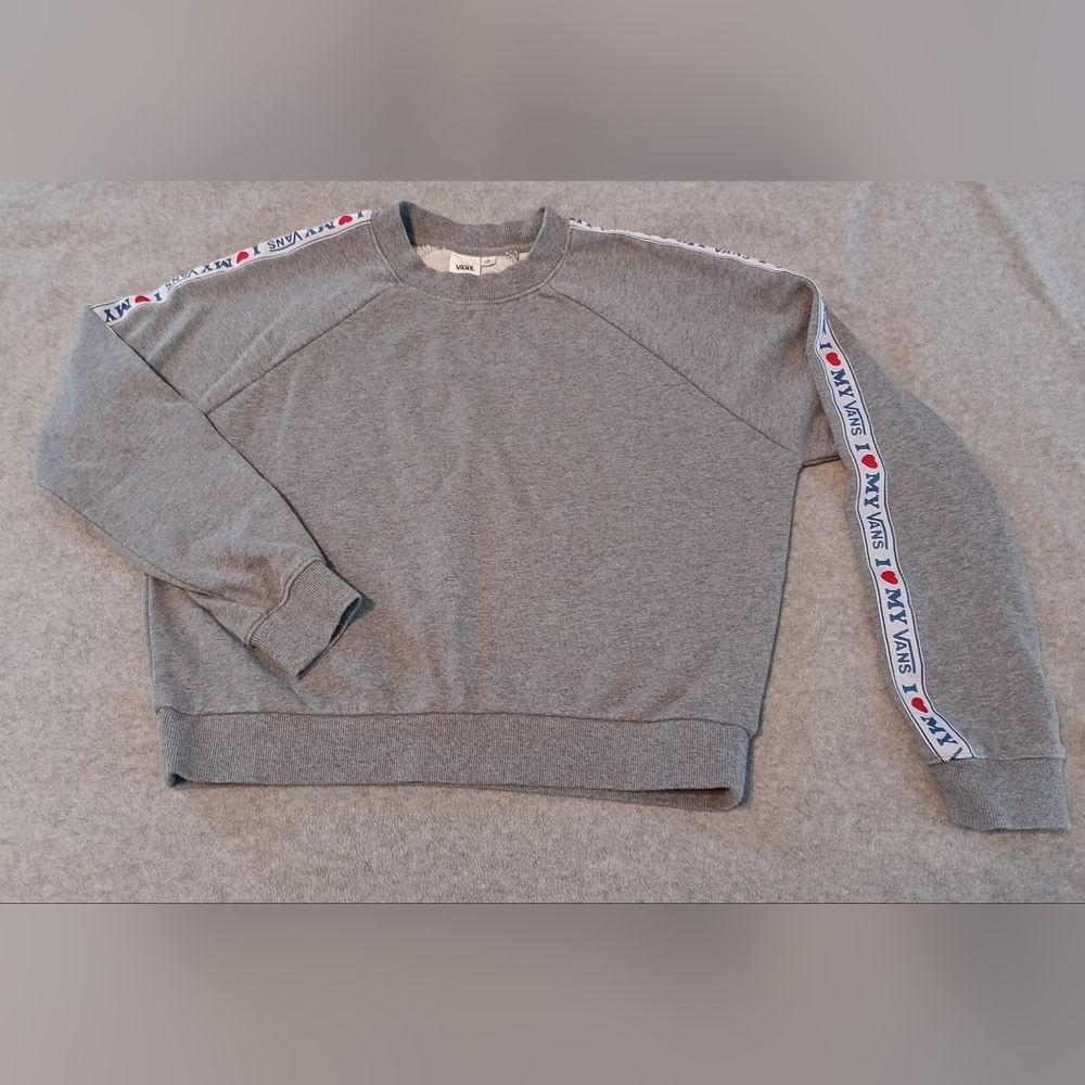 Vans Womens Small Crop Sweatshirt Heather Grey I Heart My Vans down the arms